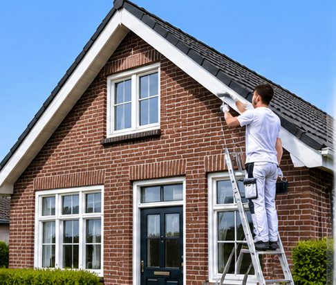 Schilder op een ladder schildert de gevel van een bakstenen huis
